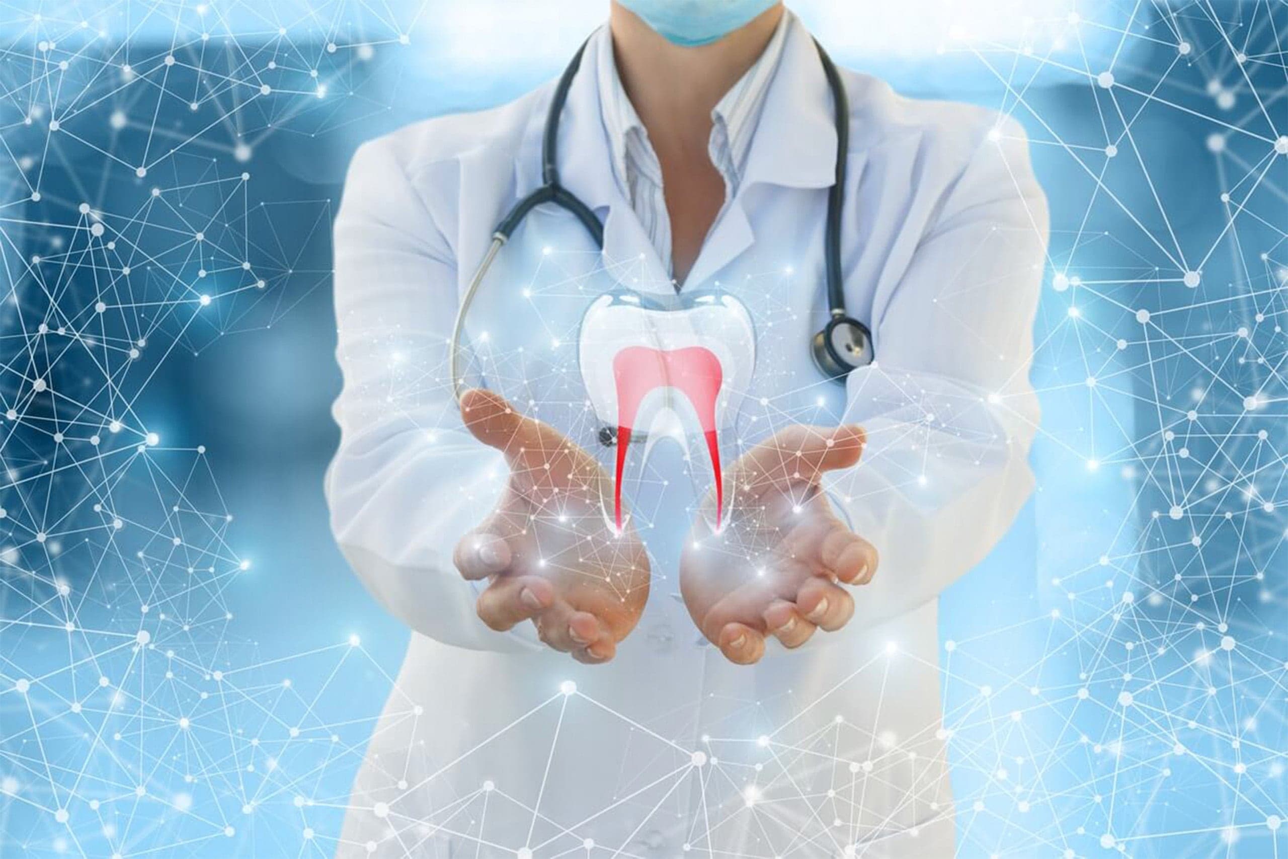 A clinician presenting a glowing 3D illustration of a tooth against a blue digital background.